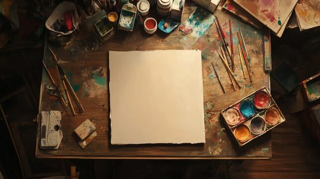Top-down view of an art studio with paintbrushes, oil paints, and a blank canvas on a wooden table.