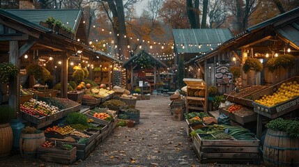 Fototapeta premium Rustic market stalls with fresh produce and autumnal decorations.