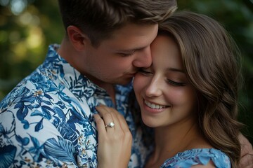 Fototapeta premium Photograph of a man wearing a blue and white shirt, with an engagement ring...