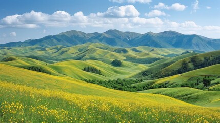 Obraz premium Vibrant green hills and blooming yellow flowers under a blue sky with clouds, showcasing the serene beauty of a mountainous landscape in springtime