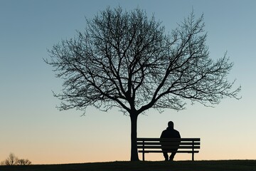 Silhouette of a man sitting on a park bench, alone under a tree, against a...