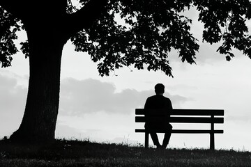 Silhouette of a man sitting on a park bench, alone under a tree.