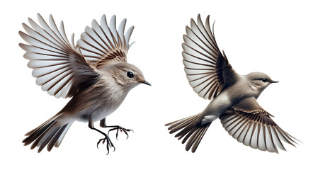 Obraz premium The image showcases two birds in flight against a clean, Transparent background. Their wings are fully extended, displaying the intricate patterns and detail of their feathers.