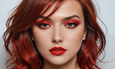 Fototapeta premium A woman with red hair and bold red makeup looks directly at the camera