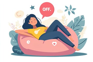 Woman relaxing on a bean bag with a button labeled "OFF." This is a flat...