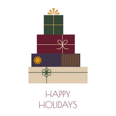 A pile of wrapped gift boxes and presents with bows and ribbons in flat art deco style and happy holidays text. Simple geometric shapes. Background illustration for cards, banners, sales and shopping