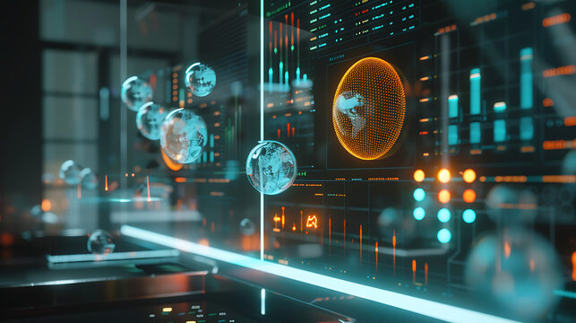 A high-tech control room with a large screen displaying a world map and various data visualizations. 