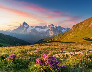 Fototapeta premium Picturesque Alpine landscape at sunrise. The sky glows in warm pastel colors as the snow-covered peaks shine in the soft morning light. In the foreground, colorful wildflowers bloom on a green meadow.