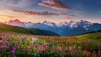 Picturesque Alpine landscape at sunrise. The sky glows in warm pastel colors as the snow-covered peaks shine in the soft morning light. In the foreground, colorful wildflowers bloom on a green meadow.