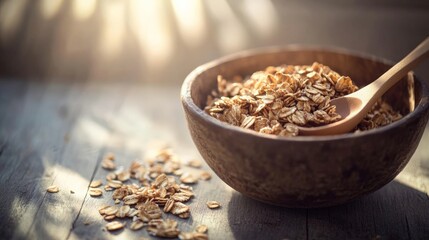 A cozy bowl of oats with a wooden spoon, capturing the essence of a healthy breakfast in soft morning light.