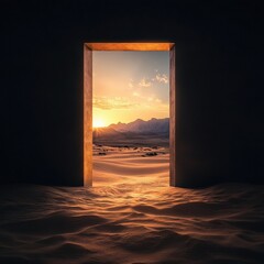 Fototapeta premium Offene Tür in der Wüste mit einer schönen Aussicht