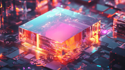An artistic representation of a computer chip with a metallic surface reflecting neon colors