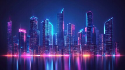 Naklejka premium Futuristic city skyline with neon lights and reflections.