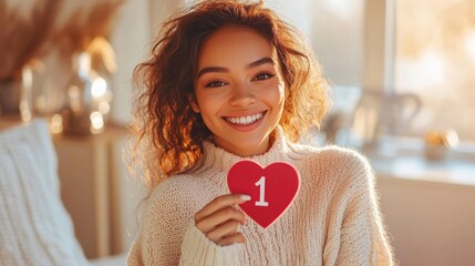 Happy woman holding a heart with number one. Smiling bright in cozy setting. A joyful moment capturing love and happiness.