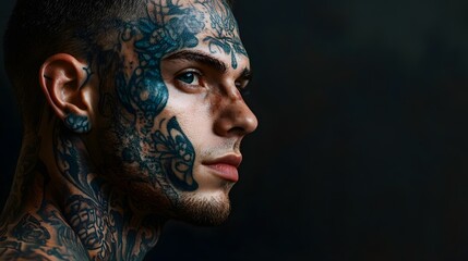 Fototapeta premium A portrait of a man with a distinctive tattoo on his face