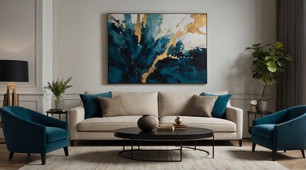Living room interior featuring a beige sofa, teal armchairs, abstract painting, black coffee table, tall lamp, and potted plant in Japandi style.