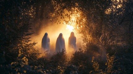 Mysterious figures in the foggy forest at sunset. Three silhouettes evoke a sense of wonder and intrigue among trees and light.