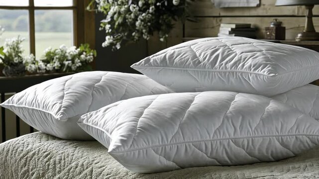 Three white pillows are stacked on a bed in a bedroom