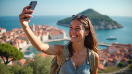 Tourist Capturing Selfies with Dubrovnik’s Stunning Views in the Background, Enjoying a Scenic Travel Experience on Croatia’s Adriatic Coast.

