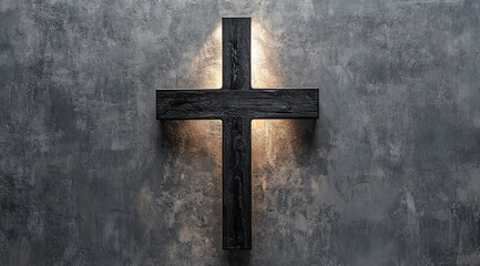 A black wooden cross is mounted on a gray wall with light shining through it