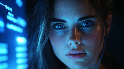 A female cyber security analyst studies AI threats on a glowing computer screen in a dark tech office filled with blue lights.