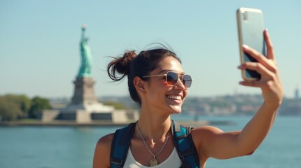 Exploring NYC: A Tourist Captures Selfies with the Statue of Liberty, Celebrating the Spirit of America and the Excitement of New York.

