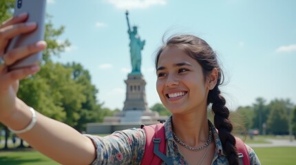 Exploring NYC: A Tourist Captures Selfies with the Statue of Liberty, Celebrating the Spirit of America and the Excitement of New York.

