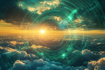 Obraz premium A high-tech digital overlay in green and blue hues floats above clouds at sunrise symbolizing a connection between technology and nature 