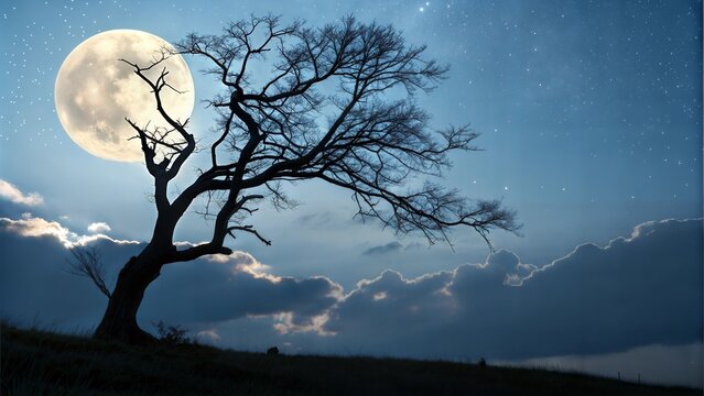 Silhouette of tree against full moon and starry night sky