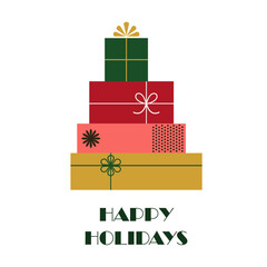 A pile of wrapped gift boxes and presents with bows and ribbons and happy holidays text in flat retro style. Simple geometric shapes. Background illustration for cards, banners, sales and shopping