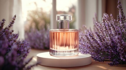 A glass bottle of perfume sits on a white pedestal surrounded by lavender flowers.