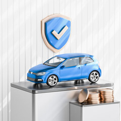3D Car insurance policy finance form money concept with safety shield. Car insurance, car safety concept. 3D render illustration
