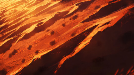 Sunset in the desert, casting long shadows and creating golden and red hues on the sand