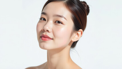 Obraz premium Clean beauty portrait of a young woman with glowing skin against white background. Natural makeup, soft lighting, and elegant pose showcase modern K-beauty aesthetic. Perfect for skincare, cosmetics.