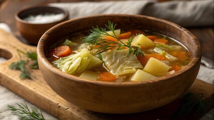 Traditional Russian shchi soup with cabbage and potatoes