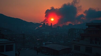 Fototapeta premium A city skyline at sunset with smoke and a red sky.