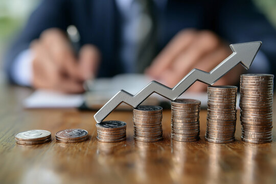 Cost reduction concept. Cost wording on decreasing coins stacking with the down arrow. Businessman working on company cost saving. Cost Management, Economy recession, low budget, Effective business