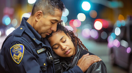 A police officer comforts a young woman on a bustling city street at night. Their embrace captures a moment of compassion and connection amidst the bright city lights,