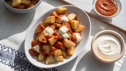 Bowl of crispy patatas bravas with dipping sauces