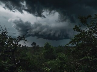Fototapeta premium Dark, ominous storm clouds over a dense forest