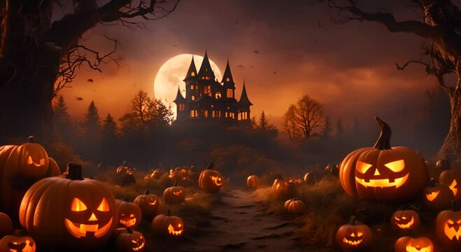 An enchanting Halloween scene with a plethora of eerie pumpkins set against a mysterious forest backdrop 4K
