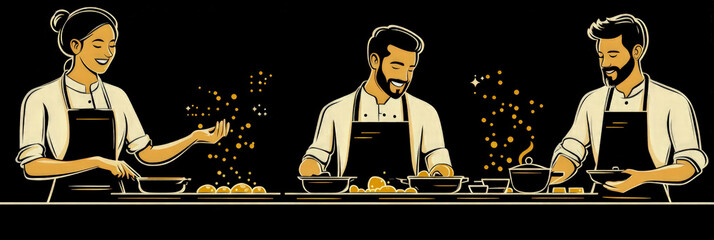 Three skilled chefs are seen preparing dishes together, showcasing their teamwork and culinary expertise in a stylish kitchen