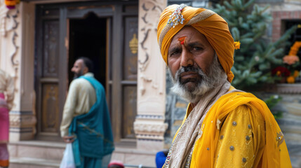 Fototapeta premium Dressed in bright yellow garments adorned with intricate designs, a man stands in a temple courtyard, showcasing the rich cultural heritage of India