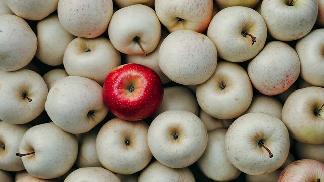 White apples, with one red apple standing out in the center.