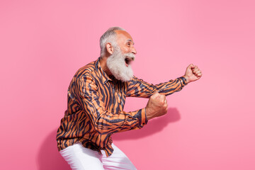 Photo of rejoice crazy old man soccer fan scream raise winning fists wear glamour shirt isolated pink color background
