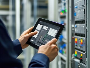 Specialist conducting yearly auditing of high tech facility servers using mock up tablet to optimize its lifespan, prevent system faults and ensure uninterrupted computing power