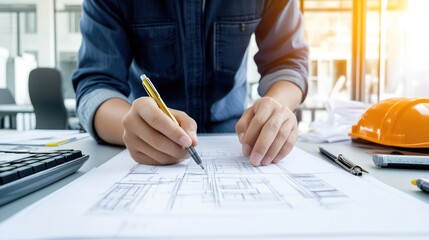 Person Sketching Architectural Solutions on a Design Blueprint