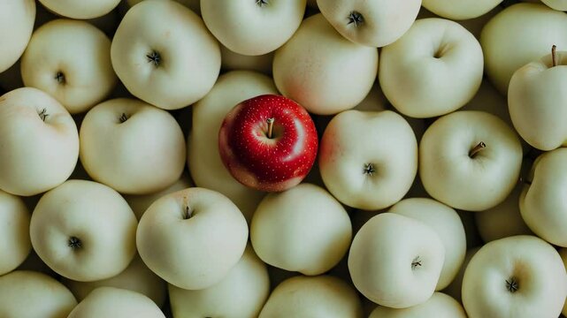 White apples, with one red apple standing out in the center.