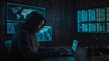 Hacker in a hoodie sitting in a dimly lit room, with multiple screens displaying encrypted data