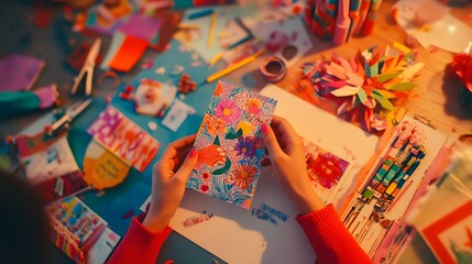 Fototapeta premium A cheerful, bustling crafting corner filled with paper, scissors, and glue, where a person is making a colorful birthday card decorated with intricate designs and stickers.